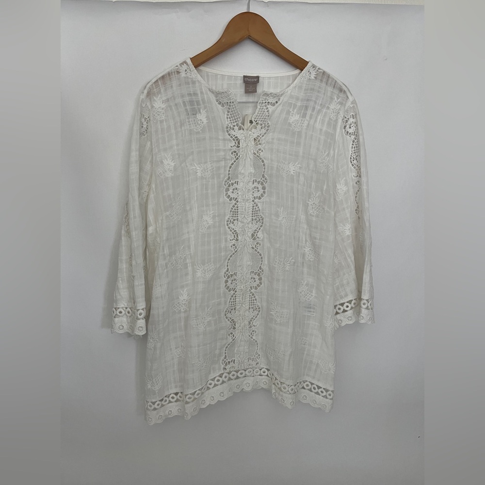 Chico's White Lace Eyelet Accent Peasant Boho Floral Blouse